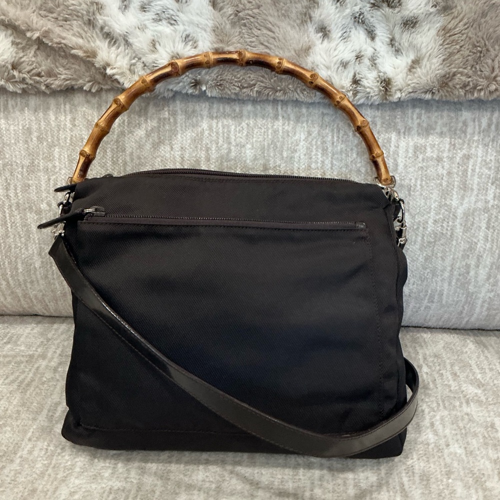 ✨💎GUCCI💎✨Dark Brown Vintage Canvas Two Way Bag with Bamboo Top Handle